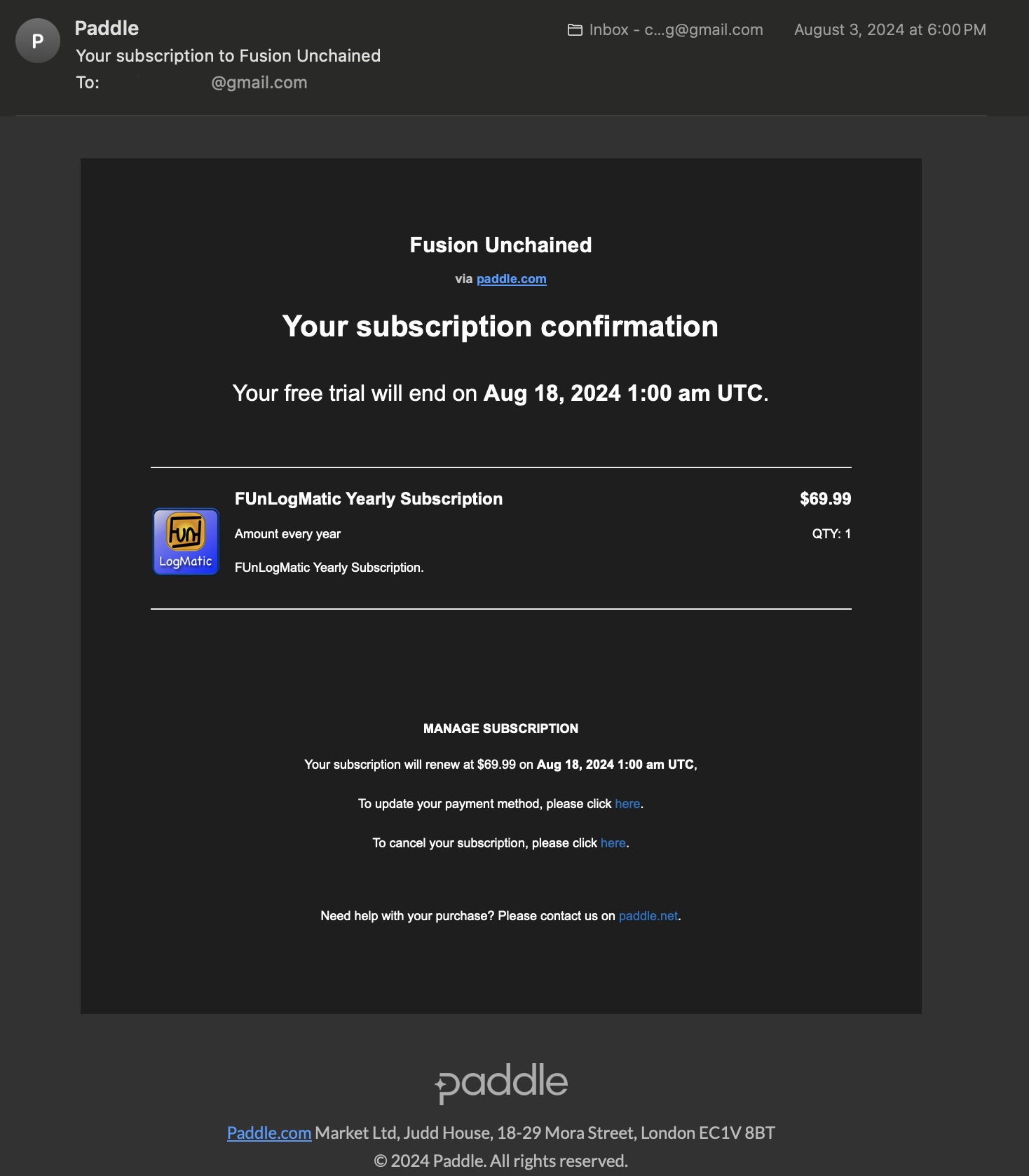 paddle.com confirmation email